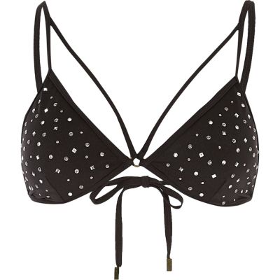 Black Heatseal stud strappy bikini top
